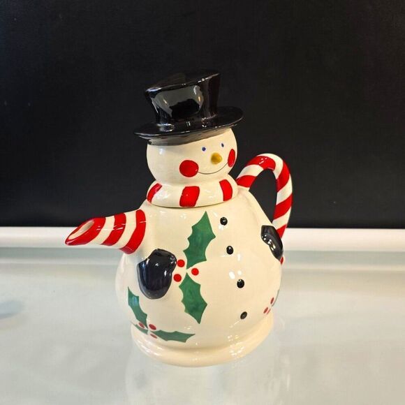 Snowman Teapot With Hat Lid Temptations Presentable Ovenware by Tara 48 oz - Picture 3 of 8